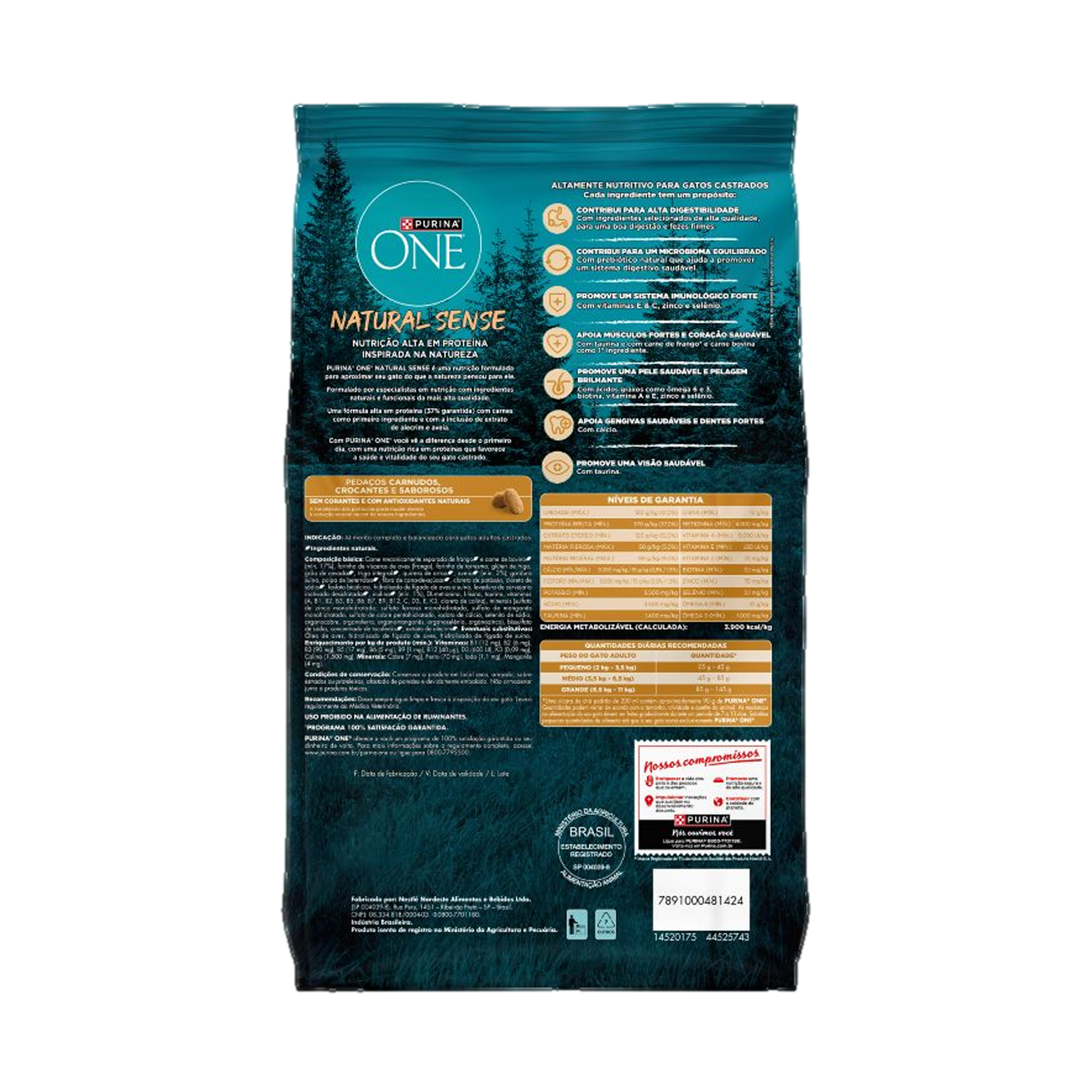 Embalagem de PURINA ONE® Natural Sense Gatos Adultos Castrados sabor Frango e Carne, vista traseira