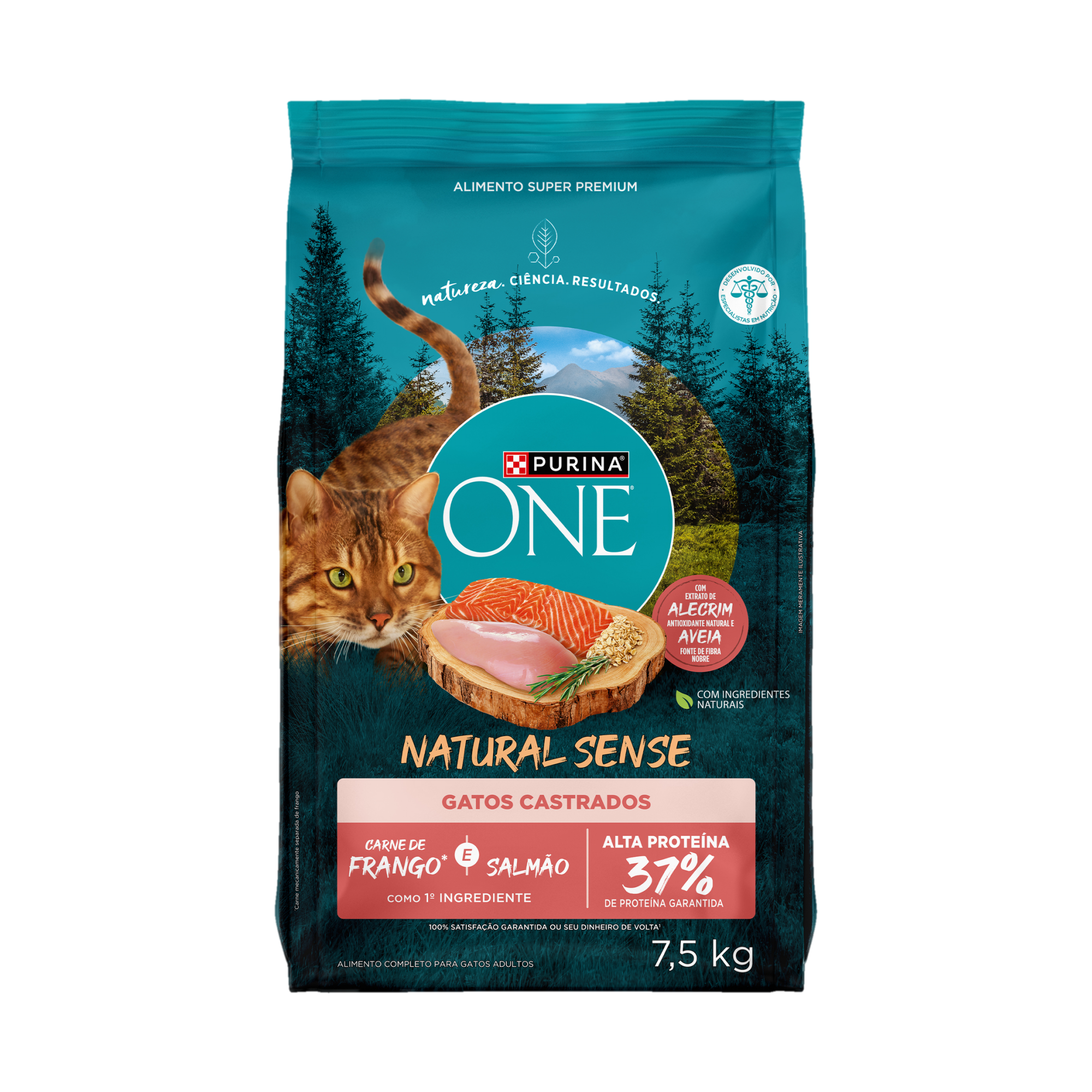 Embalagem de PURINA ONE® Natural Sense Gatos Adultos Castrados sabor Frango e Salmão, vista frontal