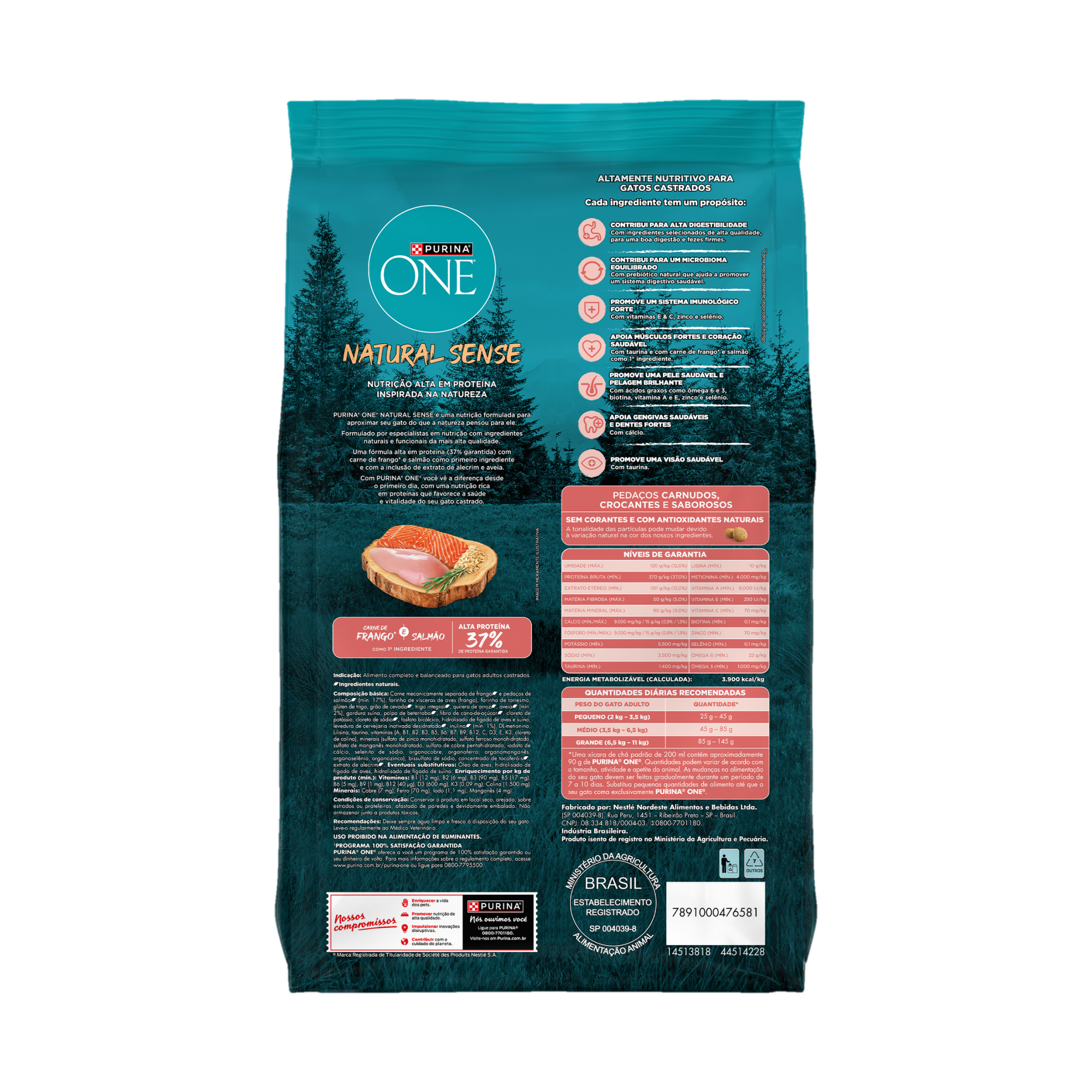 Embalagem de PURINA ONE® Natural Sense Gatos Adultos Castrados sabor Frango e Salmão, vista traseira