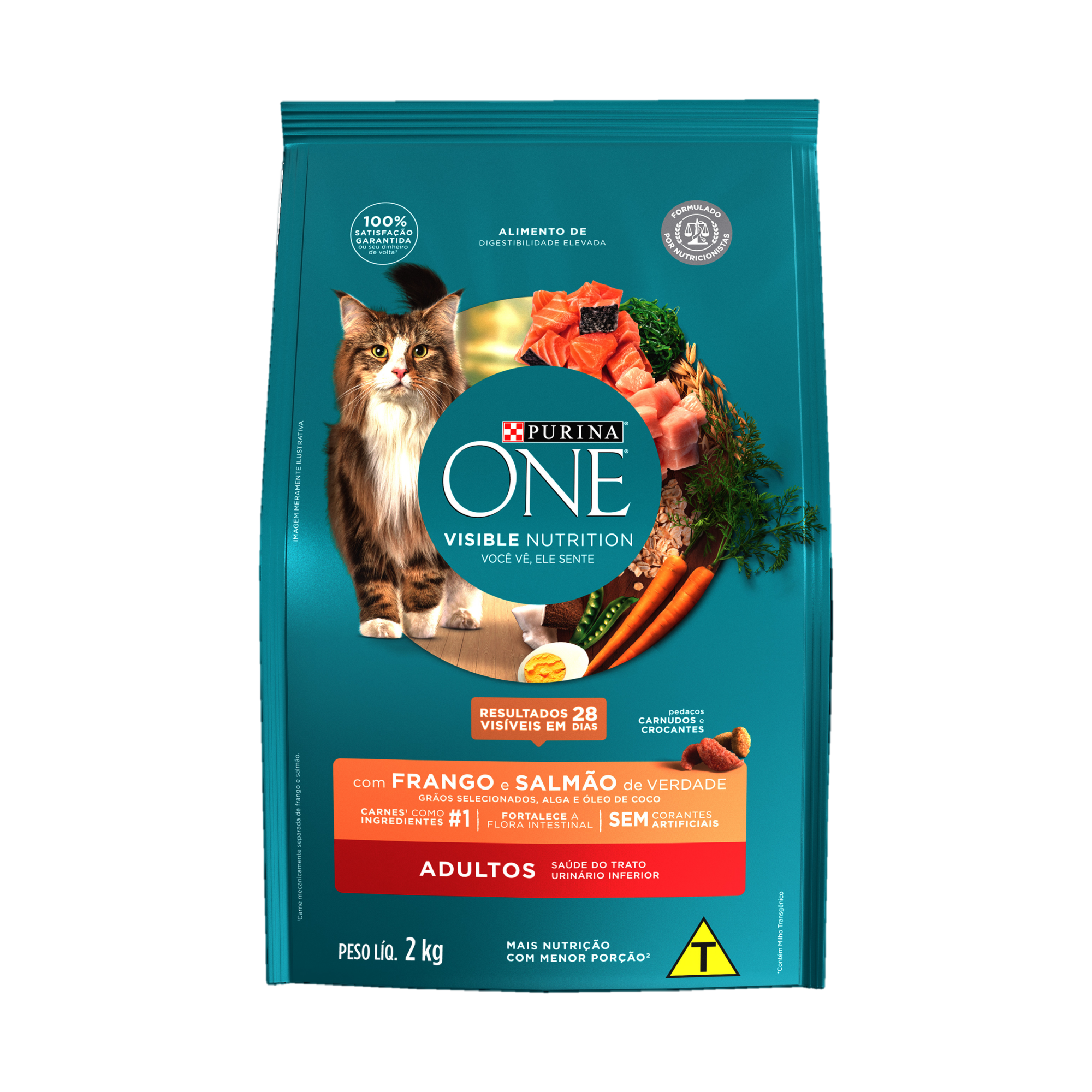 Embalagem de Purina One® para gatos adultos sabor frango e salmão, vista frontal