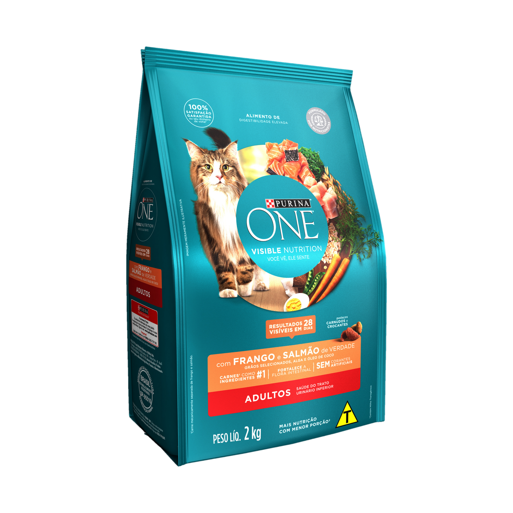 Embalagem de Purina One® para gatos adultos sabor frango e salmão, vista lateral