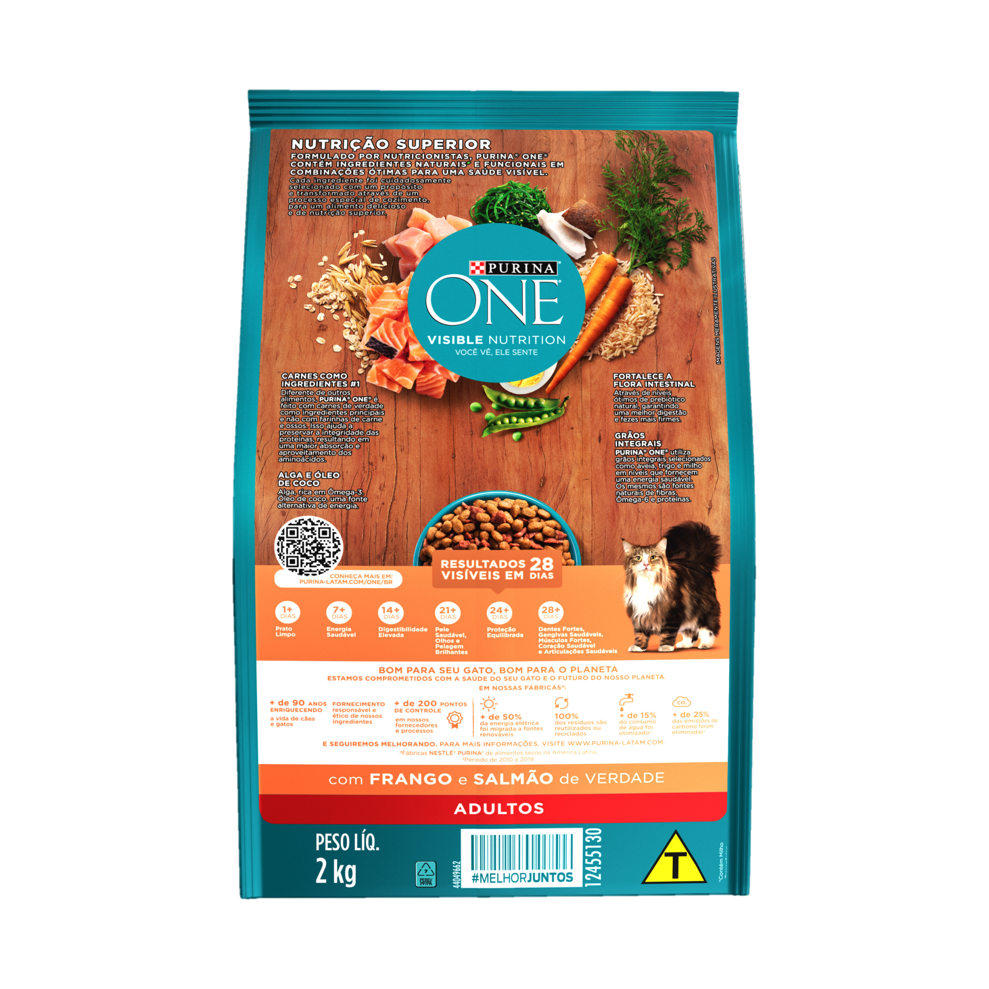 Embalagem de Purina One® para gatos adultos sabor frango e salmão, vista traseira