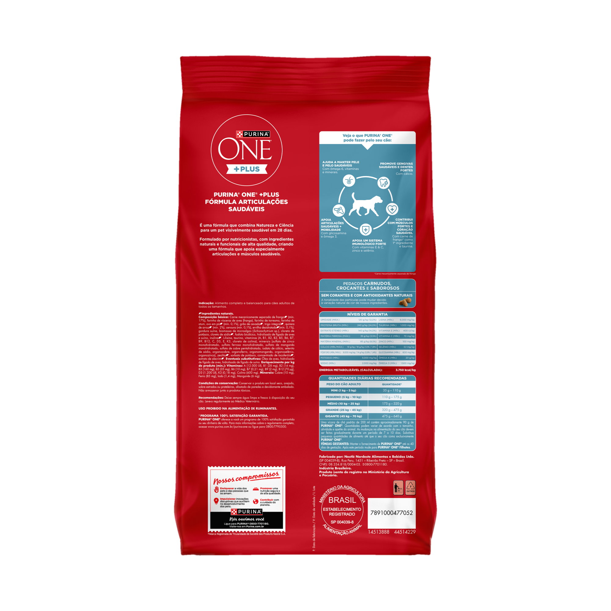 Embalagem de PURINA ONE® Plus Articulações Saudáveis Cães Adultos Todos os Tamanhos sabor Frango, vista traseira