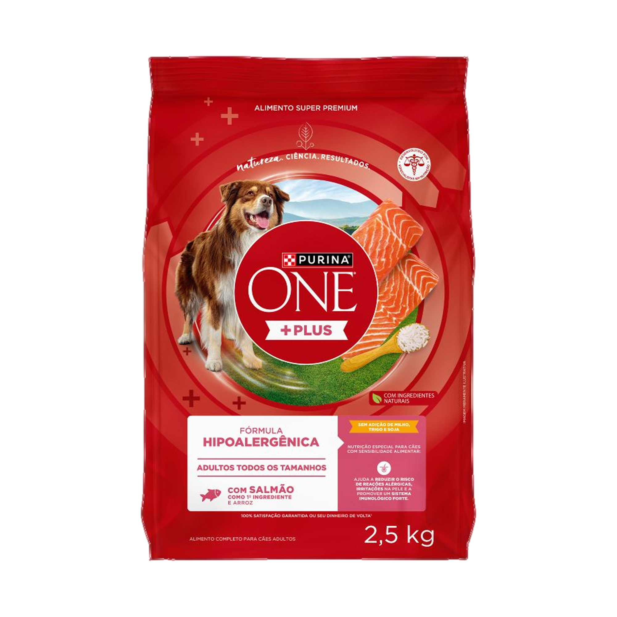 Embalagem de PURINA ONE® Plus Hipoalergênico Cães Adultos Todos os Tamanhos sabor Salmão, vista frontal
