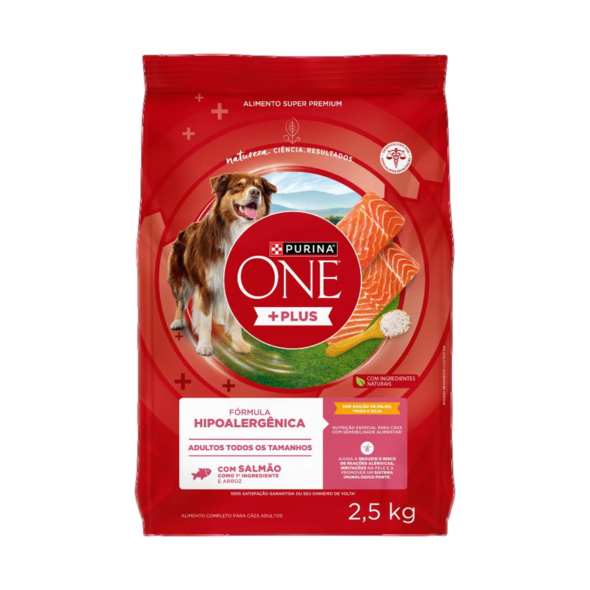 Embalagem de PURINA ONE® Plus Hipoalergênico Cães Adultos Todos os Tamanhos sabor Salmão, vista frontal
