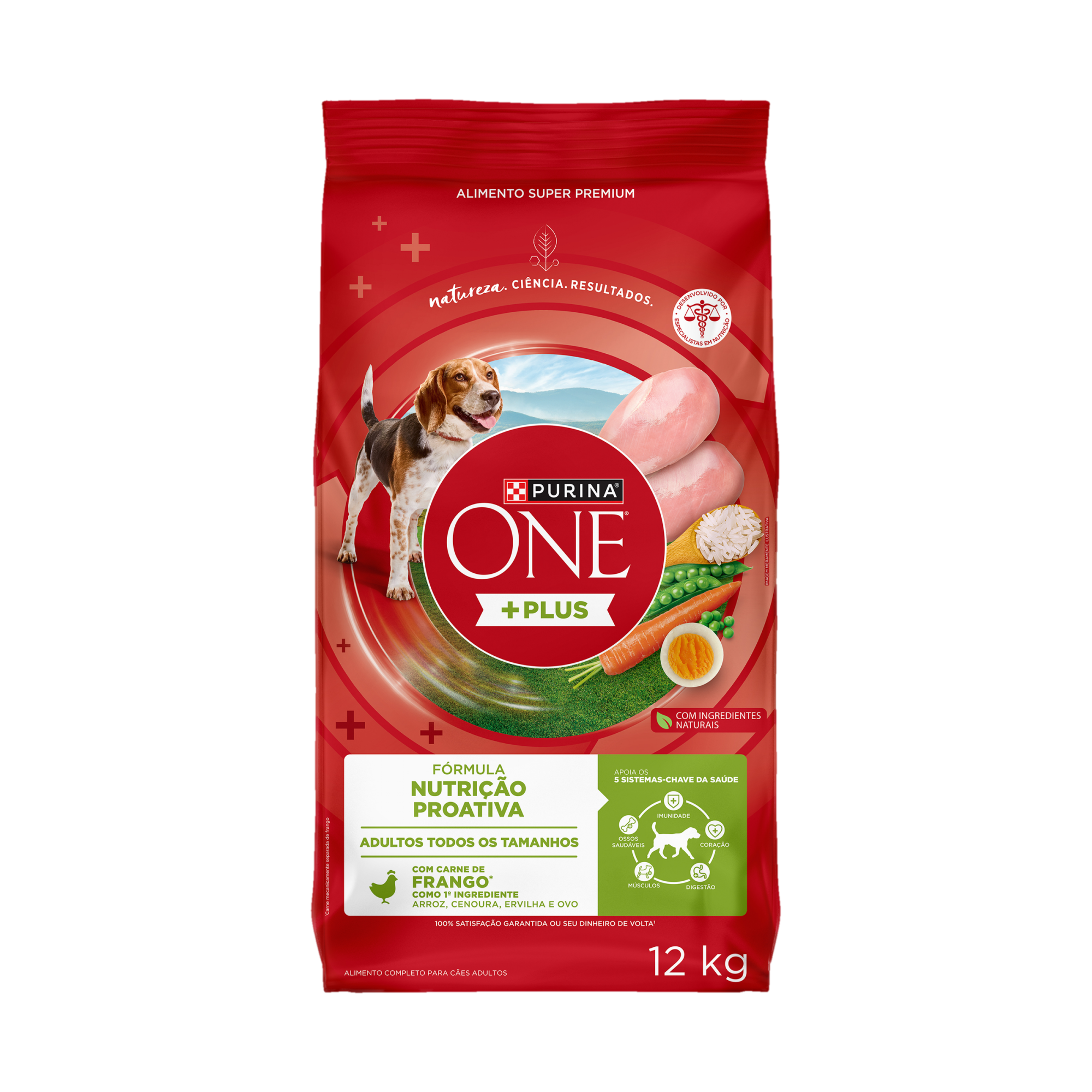 Embalagem de PURINA ONE® Plus Nutrição Proativa Cães Adultos Todos os Tamanhos sabor Frango, vista frontal