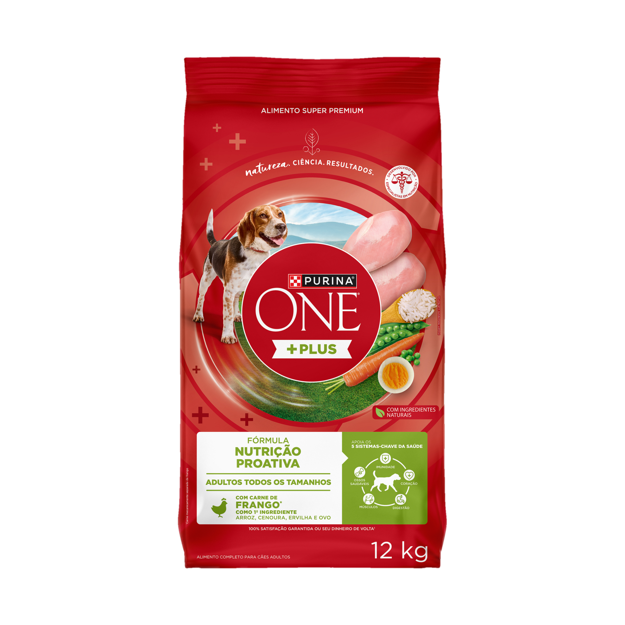 Embalagem de PURINA ONE® Plus Nutrição Proativa Cães Adultos Todos os Tamanhos sabor Frango, vista frontal