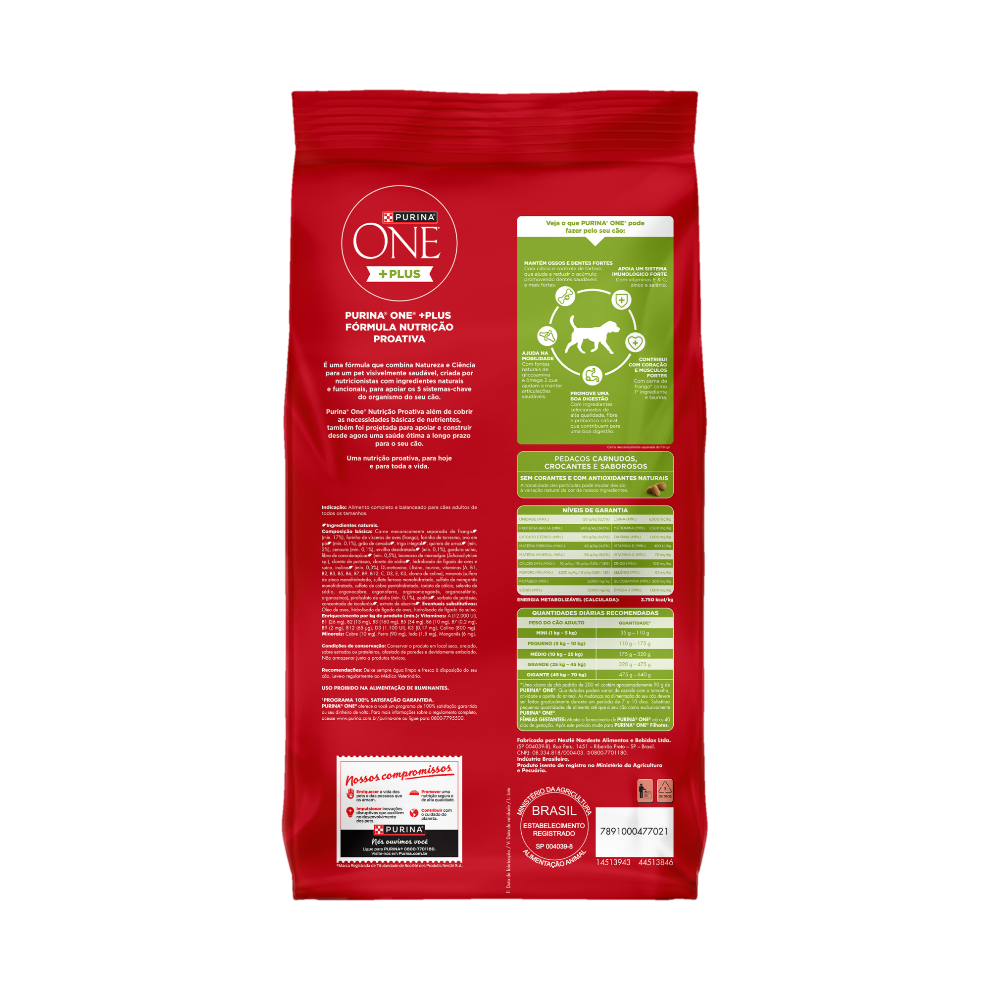 Embalagem de PURINA ONE® Plus Nutrição Proativa Cães Adultos Todos os Tamanhos sabor Frango, vista traseira