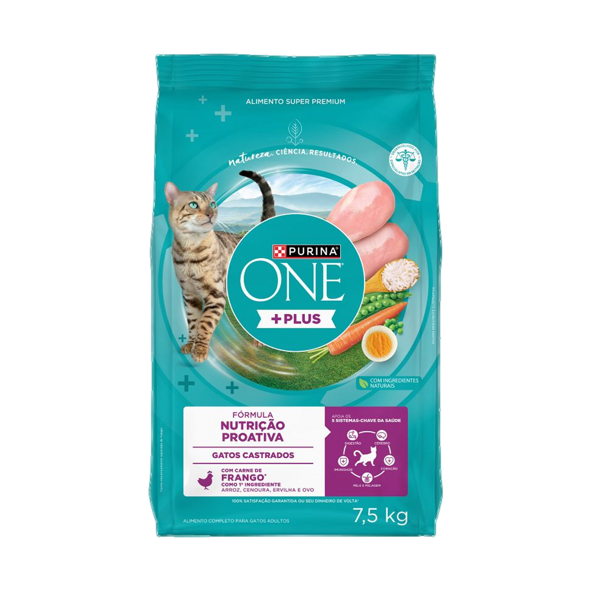 Embalagem de PURINA ONE® Plus Nutrição Proativa Gatos Adultos Castrados sabor Frango, vista frontal