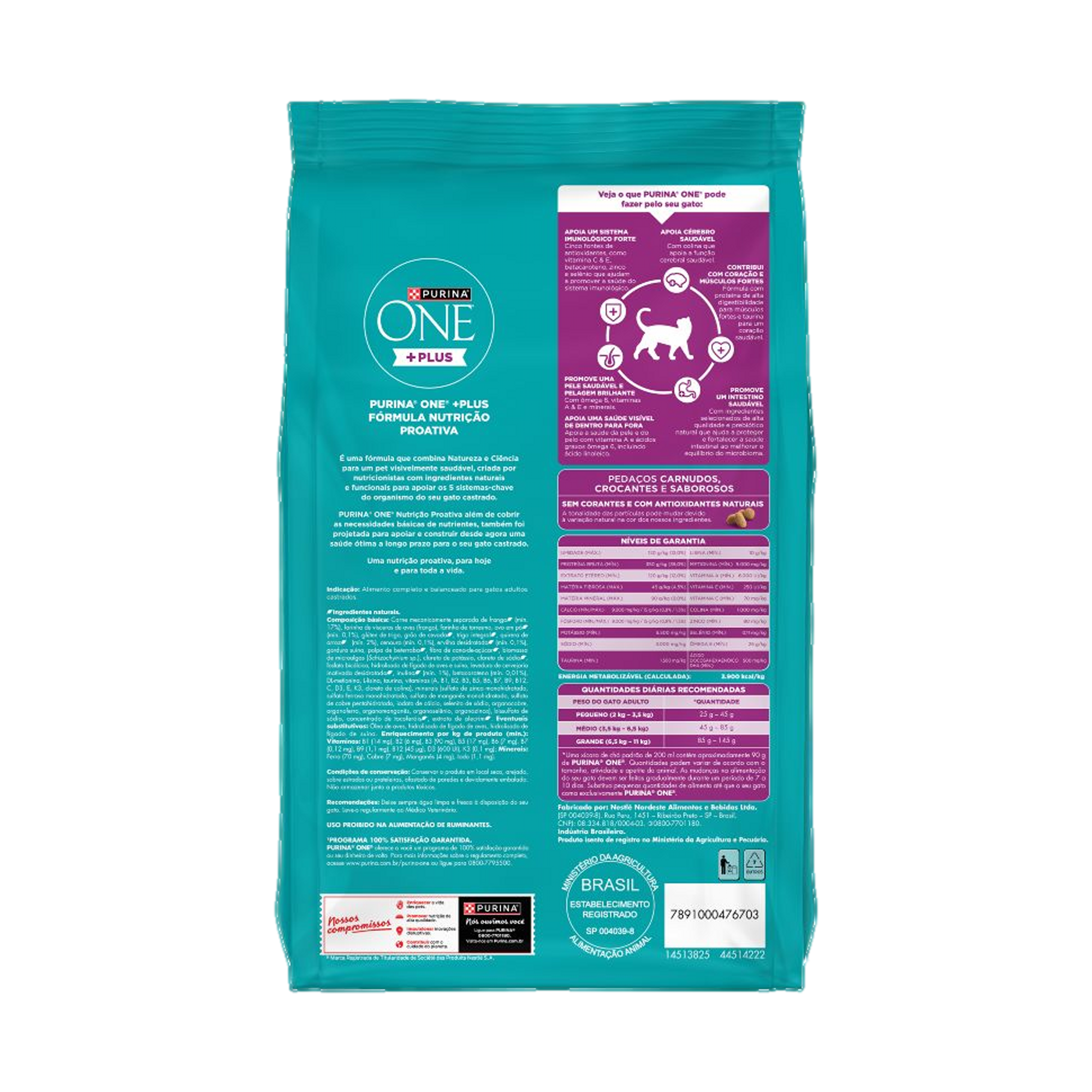 Embalagem de PURINA ONE® Plus Nutrição Proativa Gatos Adultos Castrados sabor Frango, vista traseira