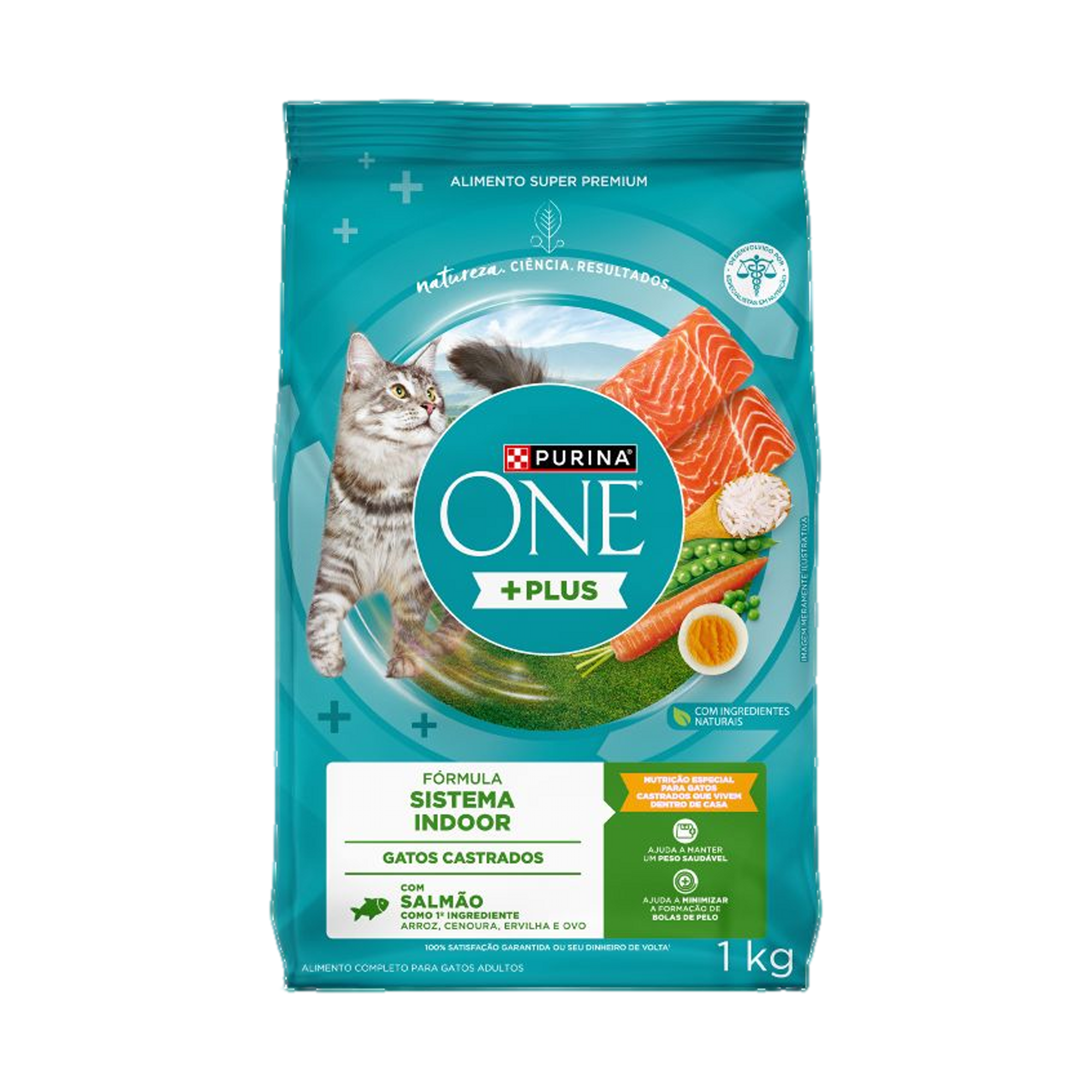 Embalagem de PURINA ONE® Plus Sistema Indoor Gatos Adultos Castrados sabor Salmão, vista frontal