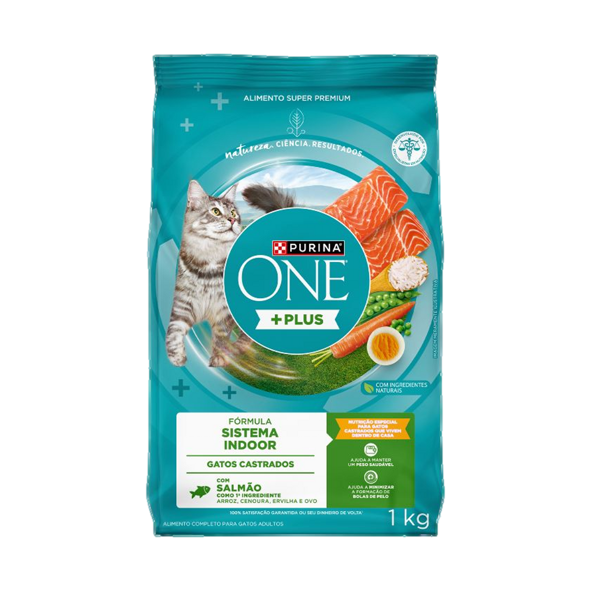 Embalagem de PURINA ONE® Plus Sistema Indoor Gatos Adultos Castrados sabor Salmão, vista frontal