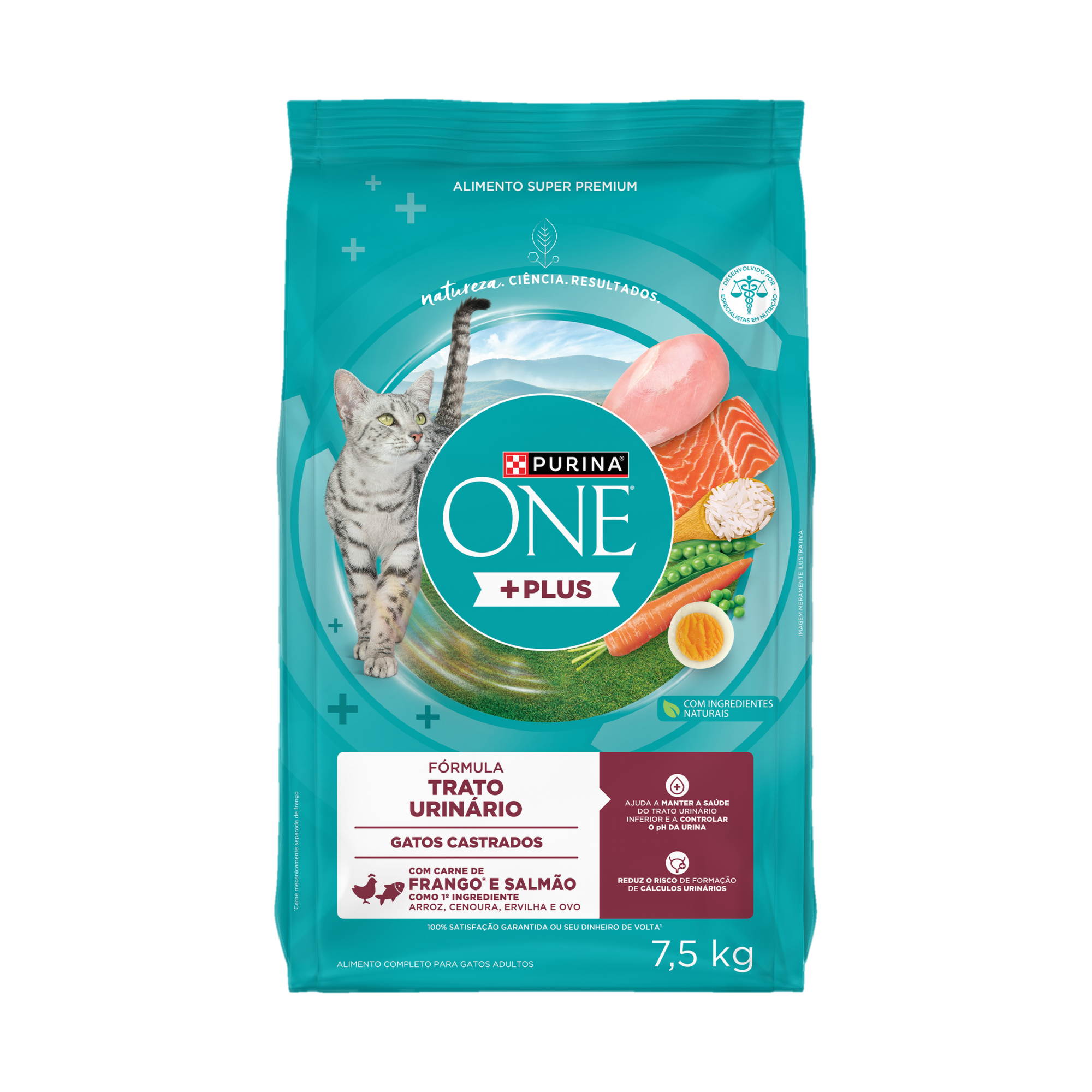 Embalagem de PURINA ONE® Plus Trato Urinário Saudável Gatos Adultos Castrados sabor Frango e Salmão, vista frontal