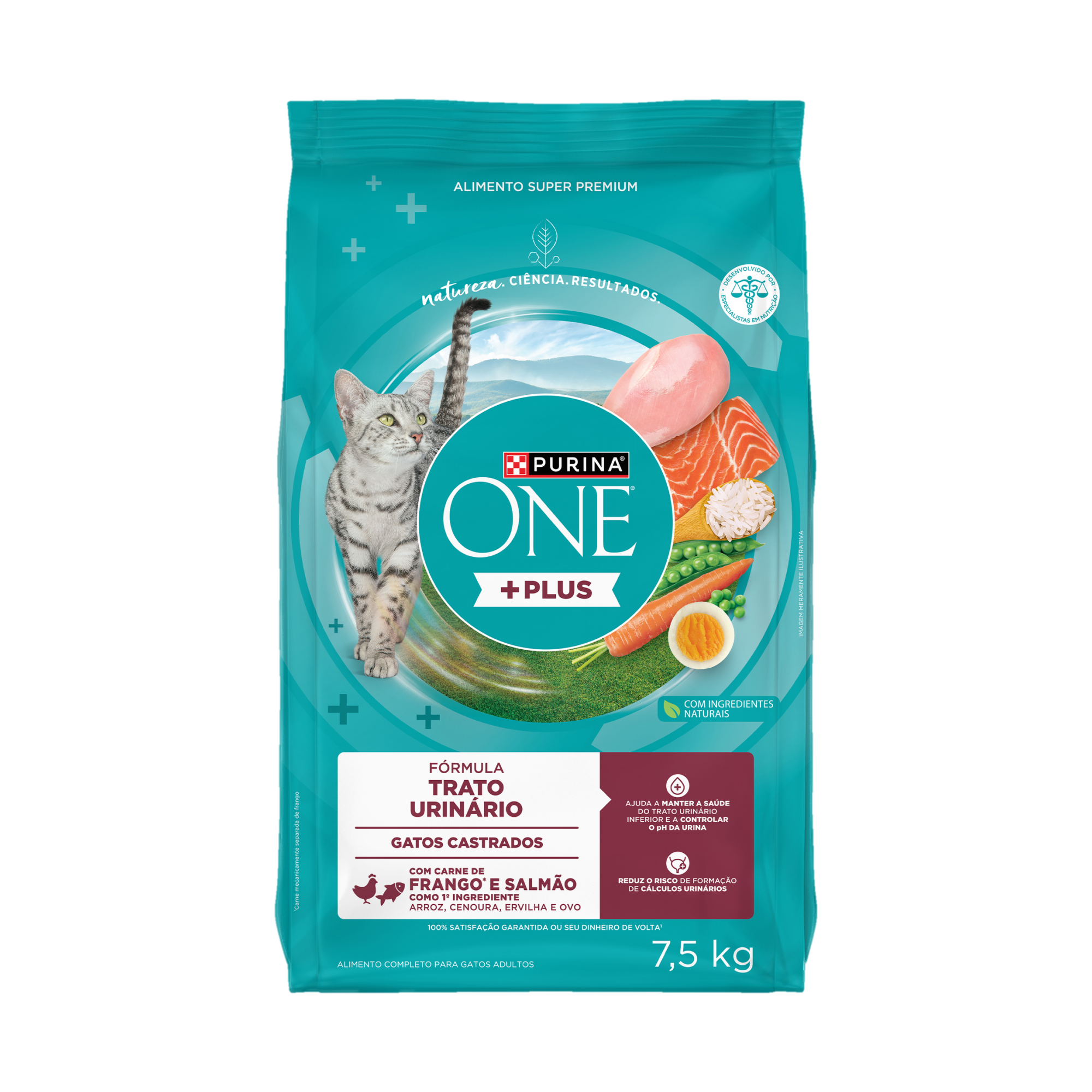 Embalagem de PURINA ONE® Plus Trato Urinário Saudável Gatos Adultos Castrados sabor Frango e Salmão, vista frontal