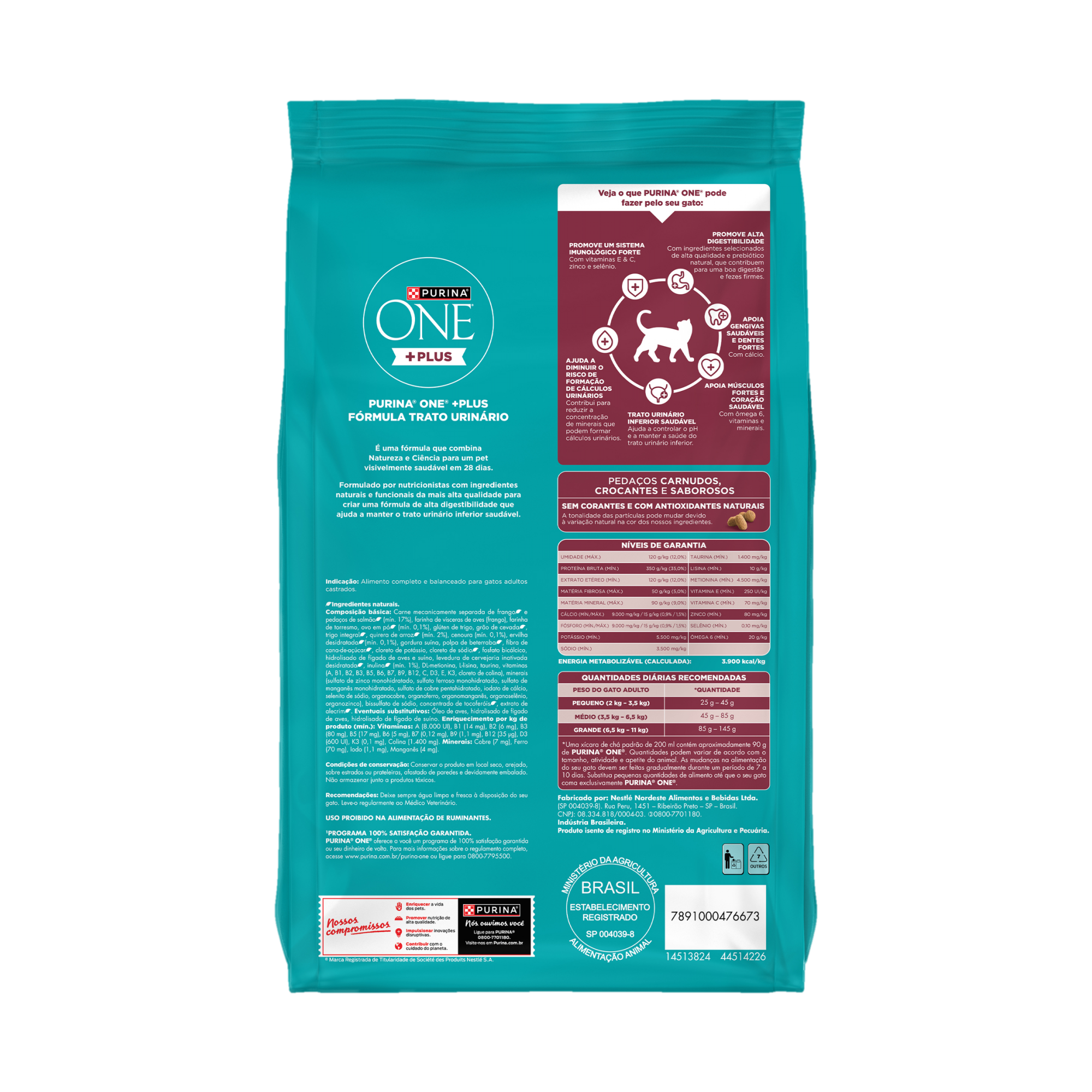 Embalagem de PURINA ONE® Plus Trato Urinário Saudável Gatos Adultos Castrados sabor Frango e Salmão, vista traseira