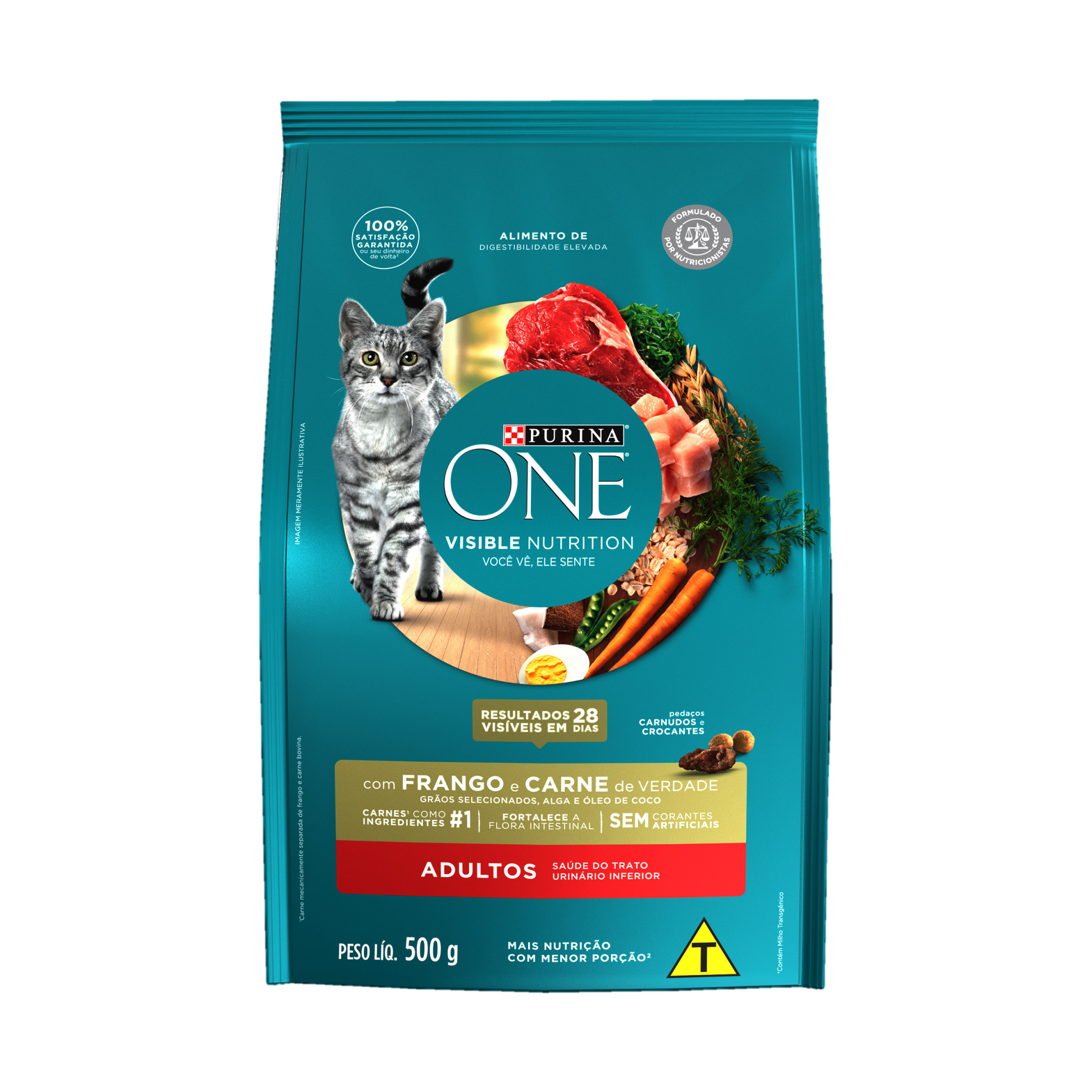 Embalagem de Purina One Ração para Gato Adulto sabor frango e carne, vista frontal