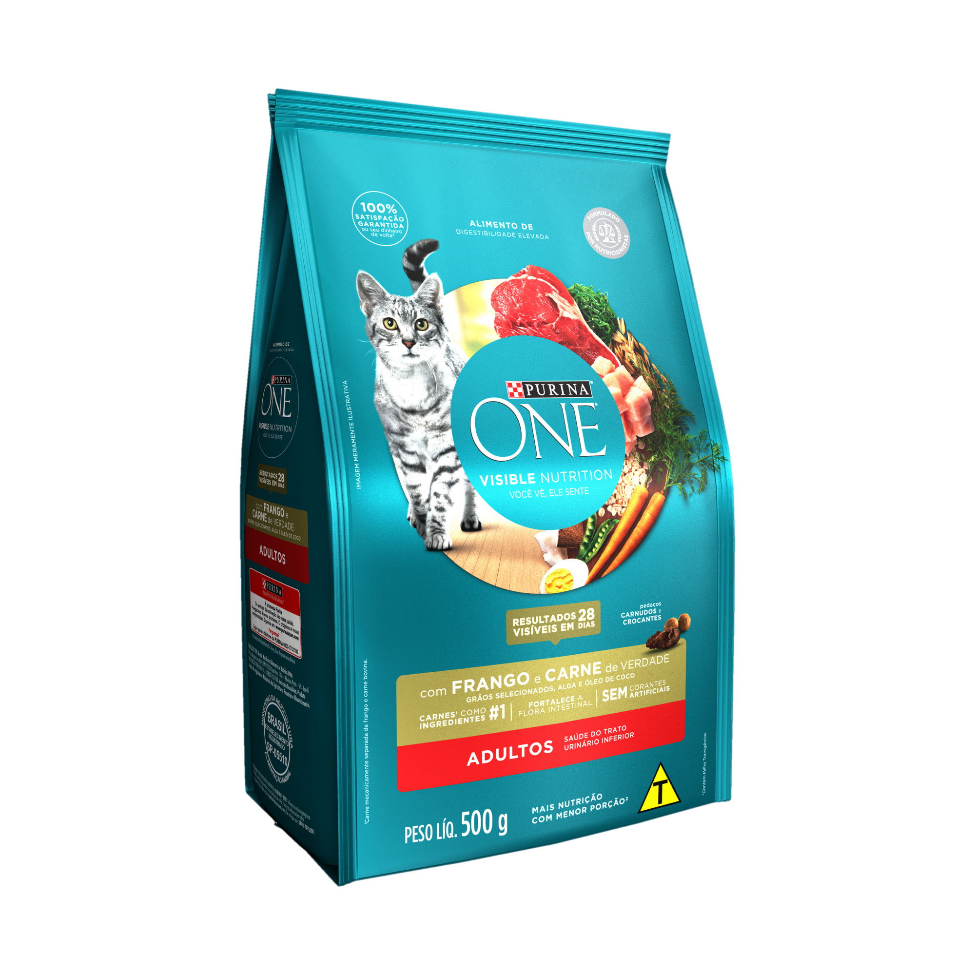Embalagem de Purina One Ração para Gato Adulto sabor frango e carne, vista lateral