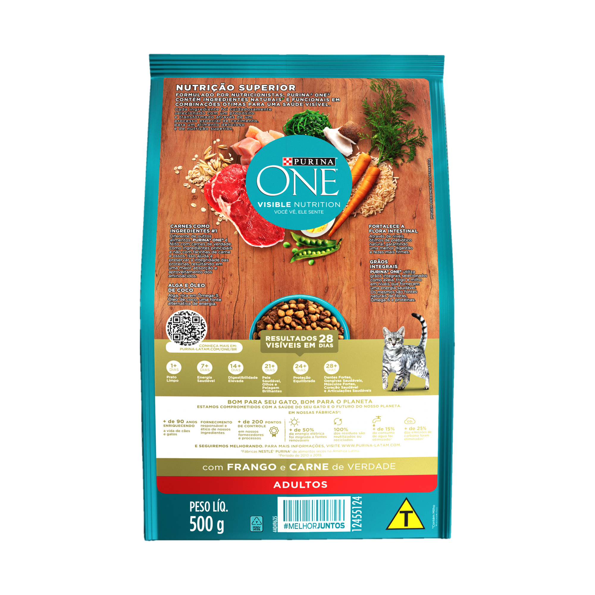 Embalagem de Purina One Ração para Gato Adulto sabor frango e carne, vista traseira