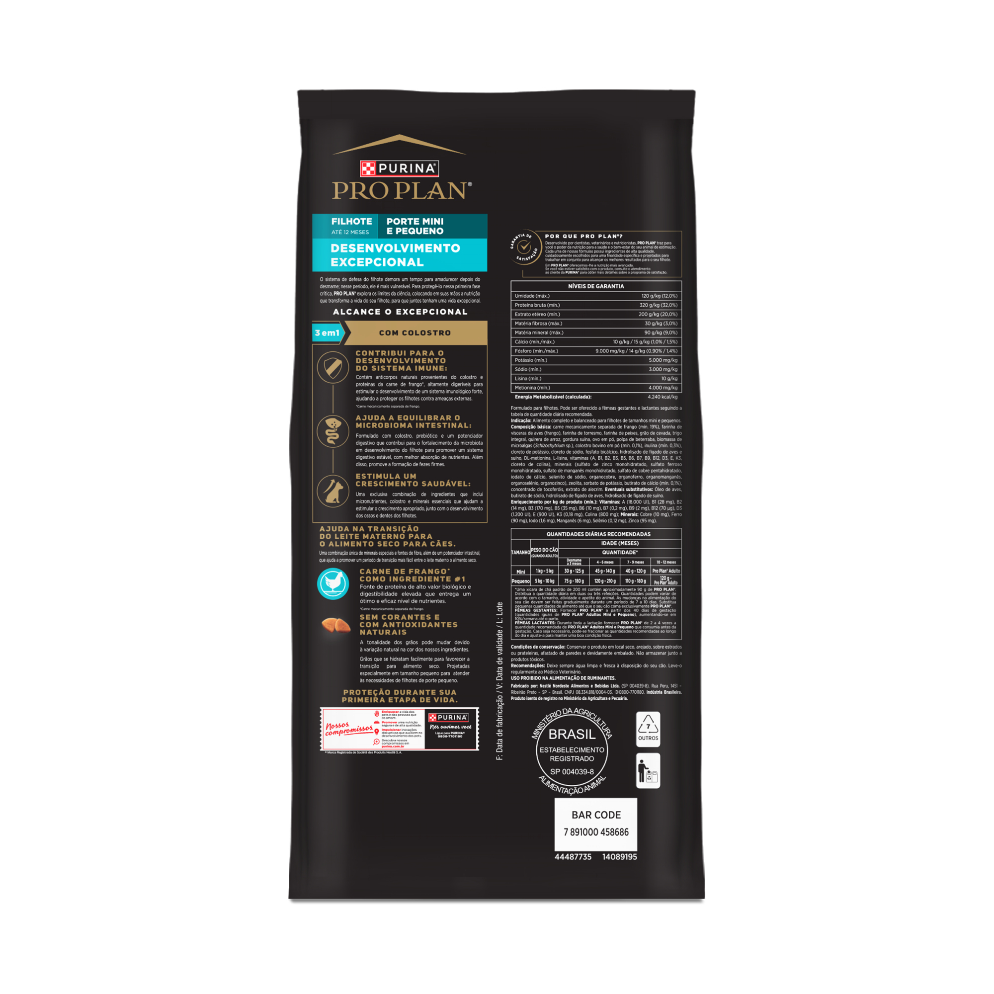 Embalagem de PURINA® PRO PLAN® Desenvolvimento Excepcional Filhote Porte Mini e Pequeno, vista traseira