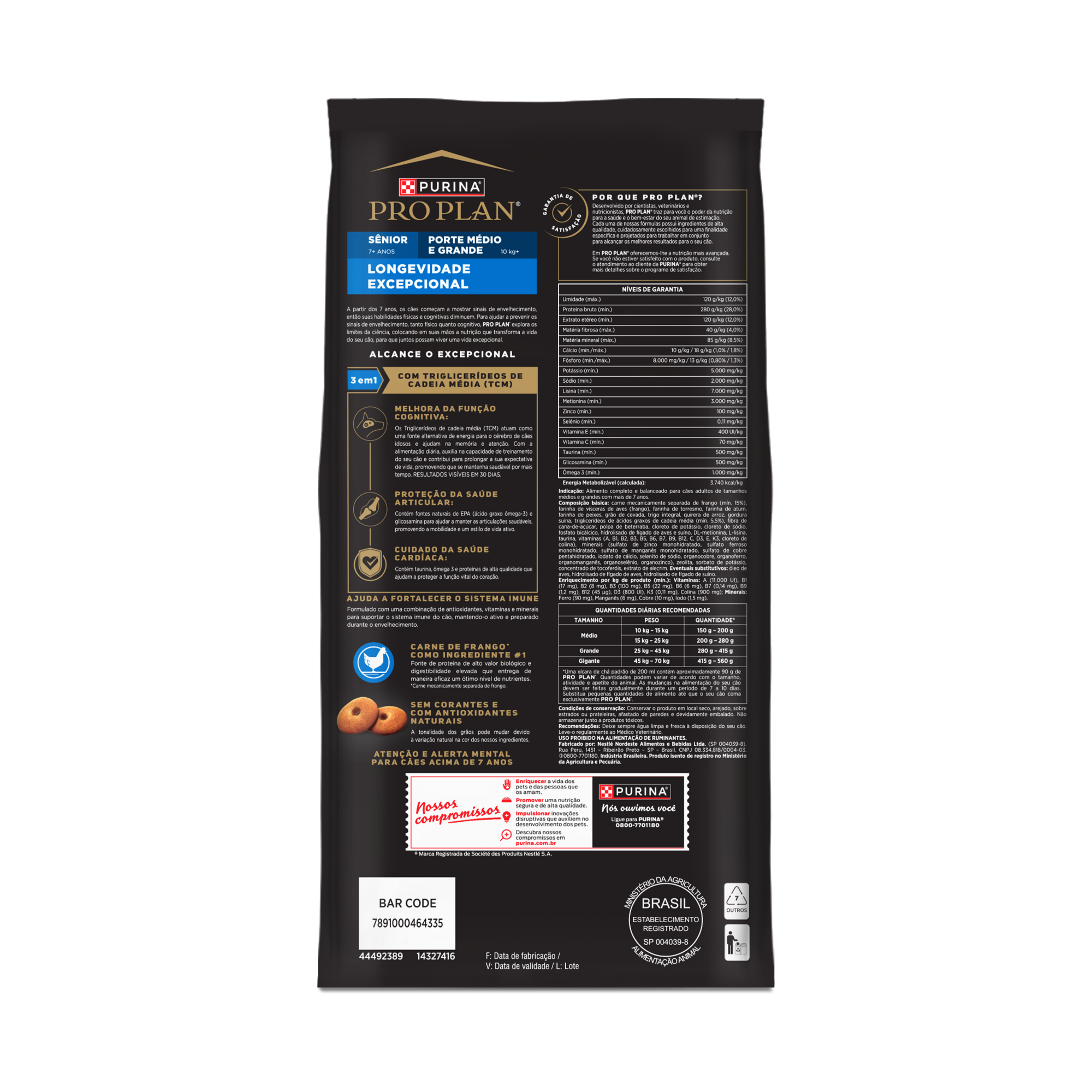 Embalagem de PURINA® PRO PLAN® Longevidade Excepcional Sênior 7+ Porte Médio e Grande, vista traseira