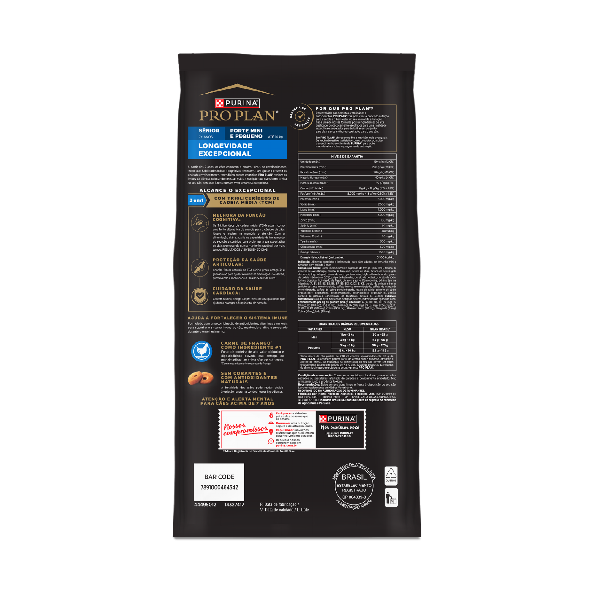 Embalagem de PURINA® PRO PLAN® Longevidade Excepcional Sênior 7+ Porte Mini e Pequeno, vista traseira