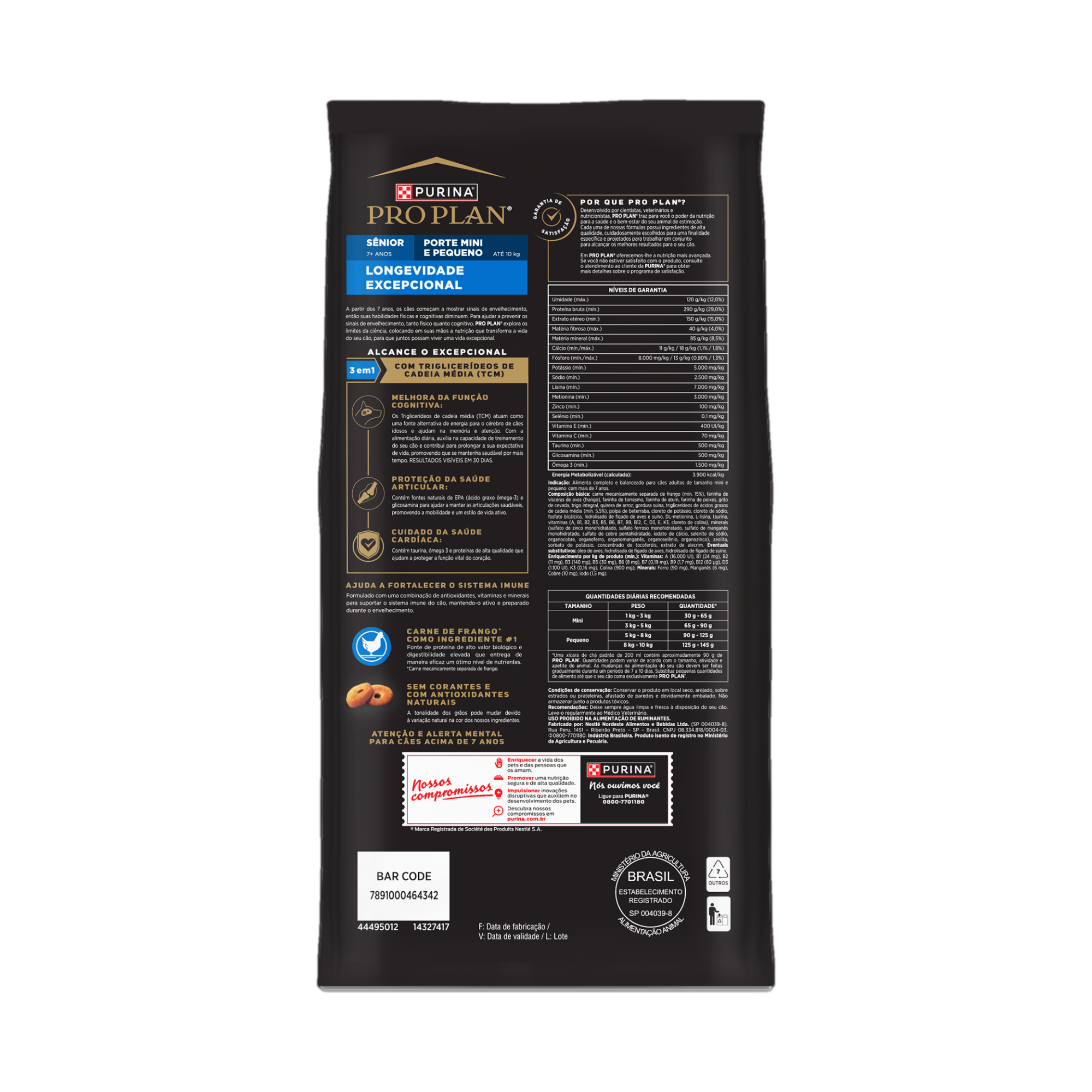 Embalagem de PURINA® PRO PLAN® Longevidade Excepcional Sênior 7+ Porte Mini e Pequeno, vista traseira