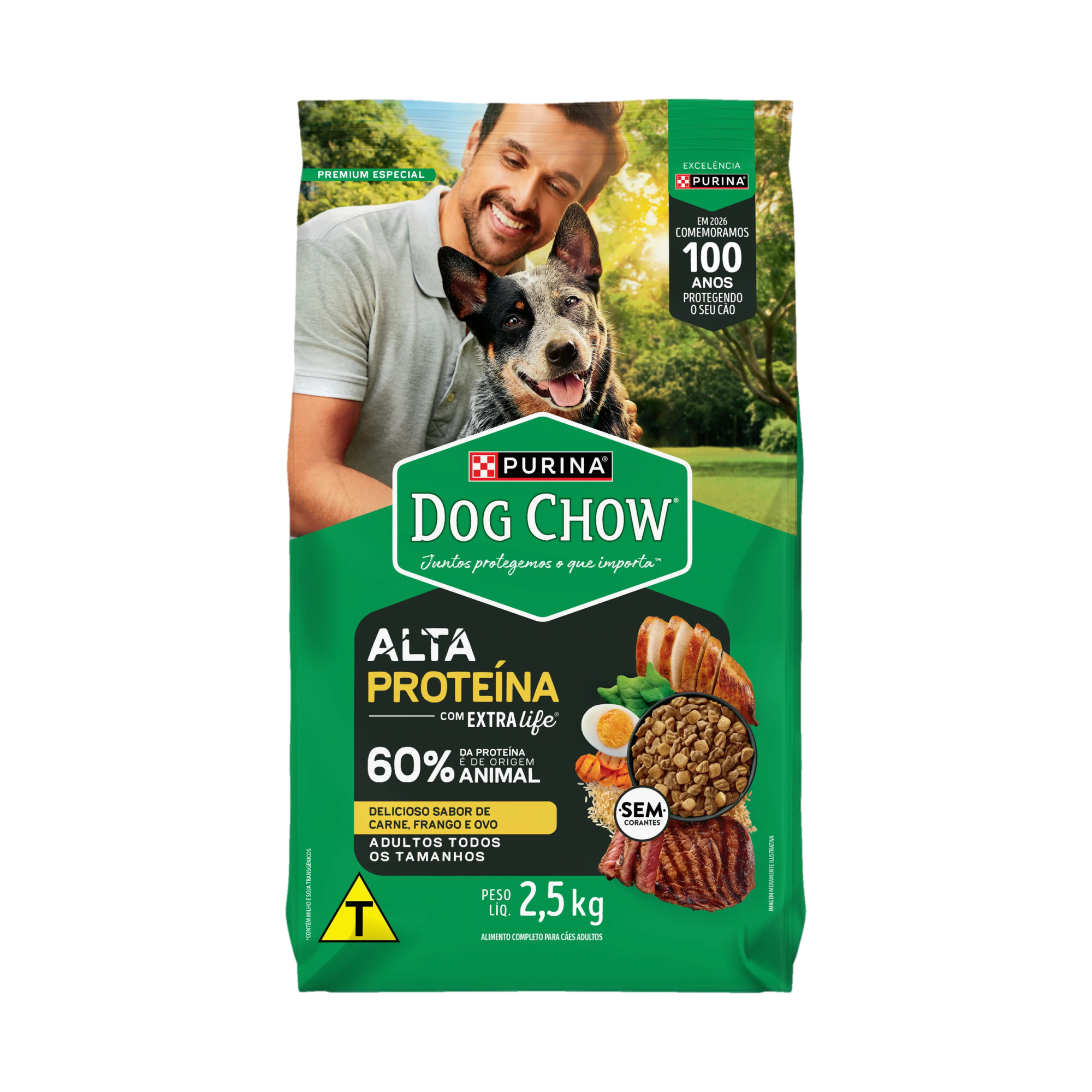 Embalagem de Ração seca PURINA® DOG CHOW® Alta Proteína para Cães Adultos, vista frontal