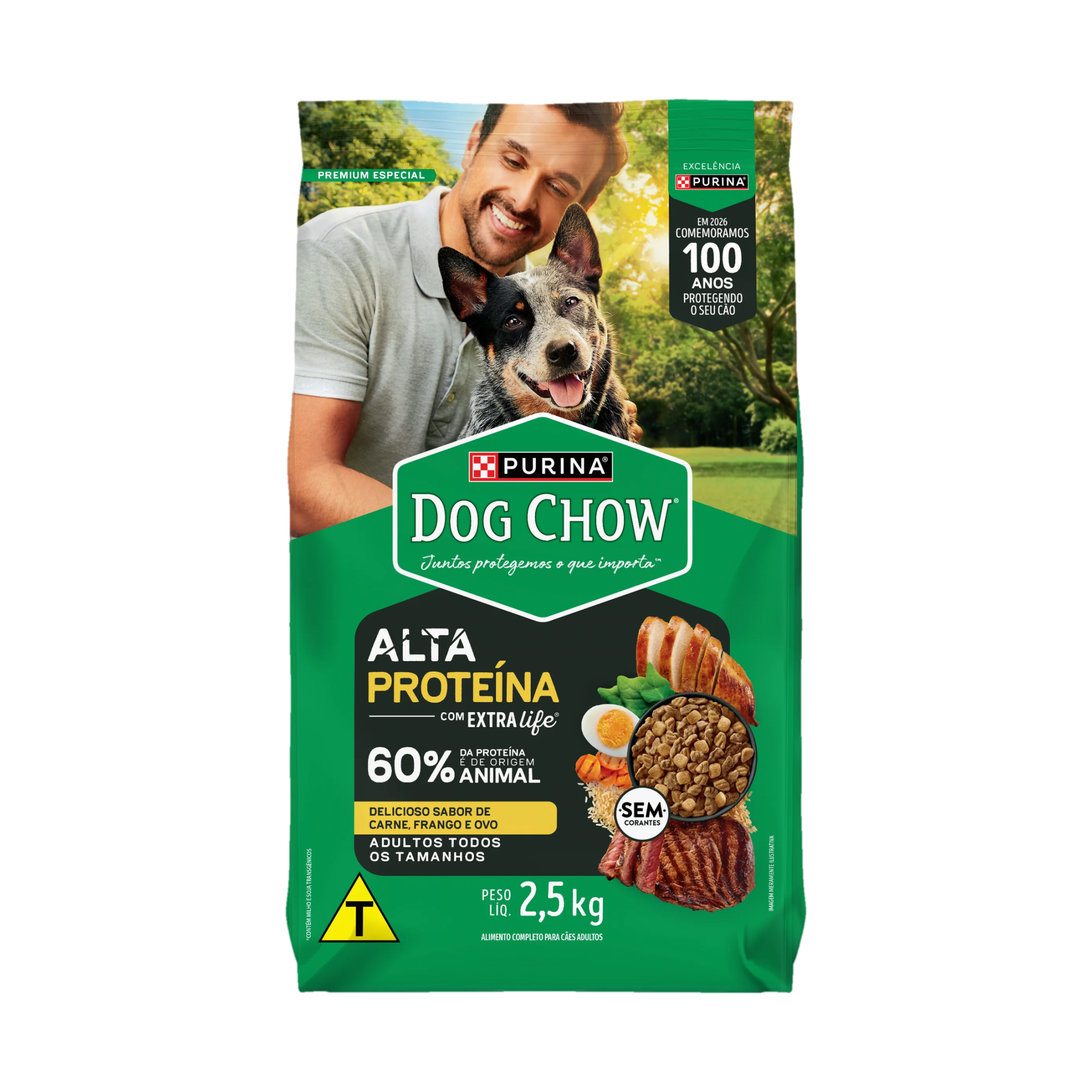 Embalagem de Ração seca PURINA® DOG CHOW® Alta Proteína para Cães Adultos, vista frontal