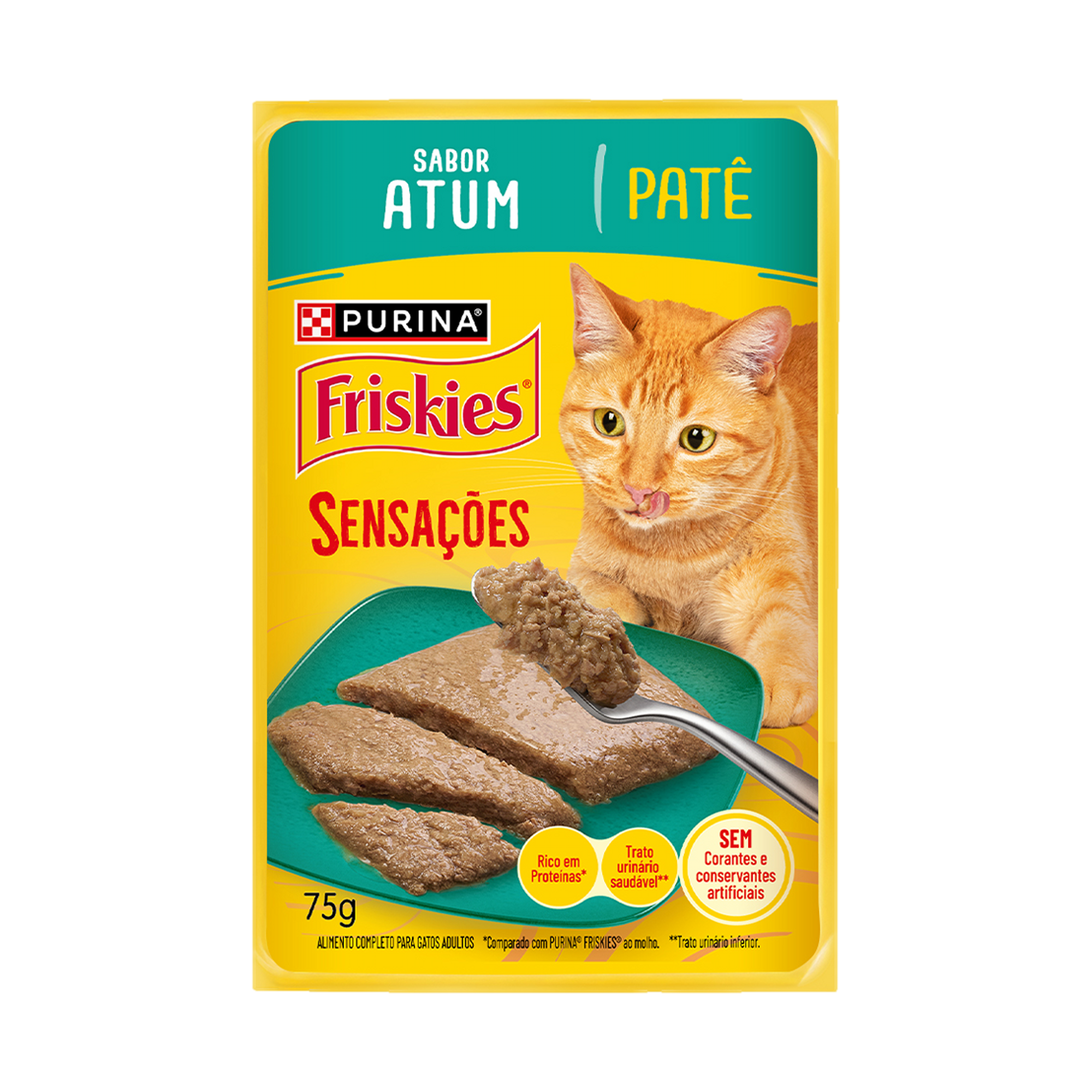 Embalagem de Ração Úmida PURINA FRISKIES® Patê Sensações para Gatos Adultos Atum, vista frontal