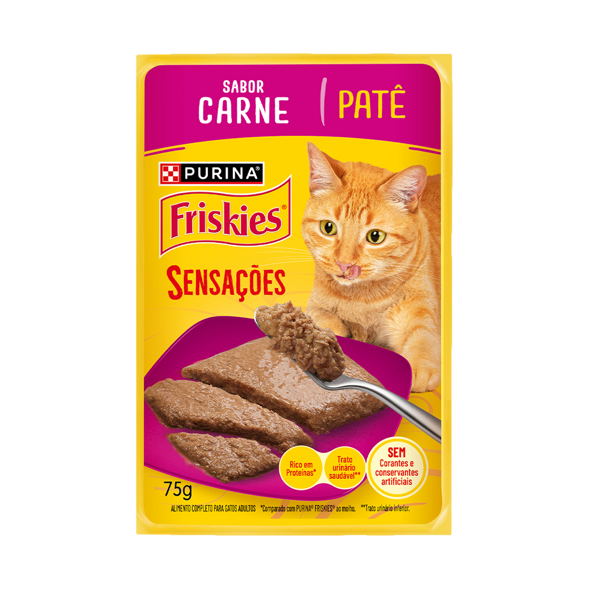 Embalagem de Ração Úmida PURINA FRISKIES® Patê Sensações para Gatos Adultos Carne, vista frontal