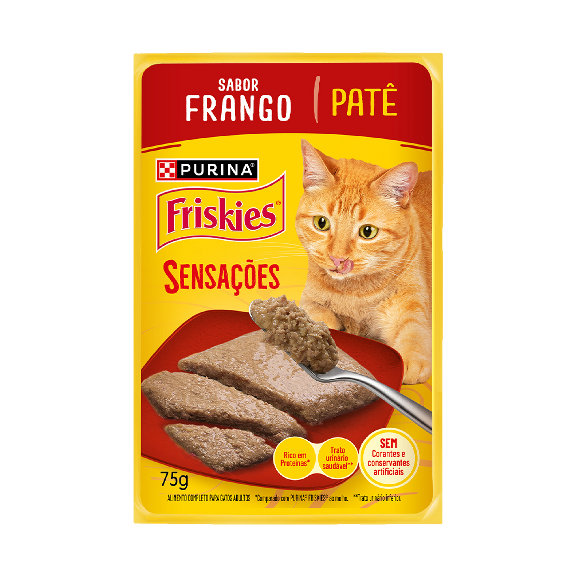 Embalagem de Ração Úmida PURINA FRISKIES® Patê Sensações para Gatos Adultos Frango, vista frontal