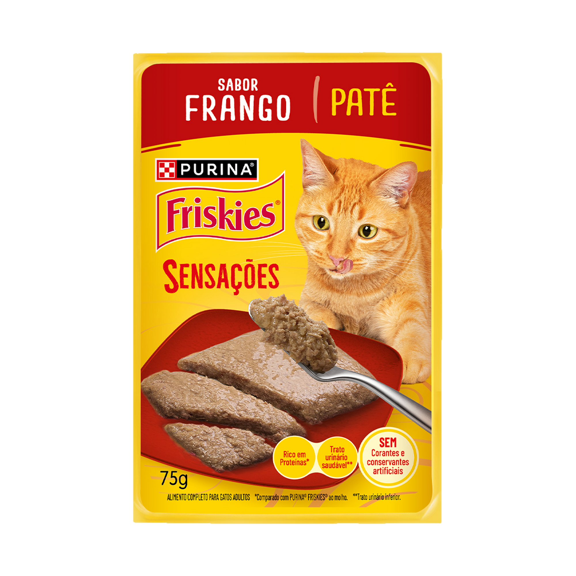 Embalagem de Ração Úmida PURINA FRISKIES® Patê Sensações para Gatos Adultos Frango, vista frontal
