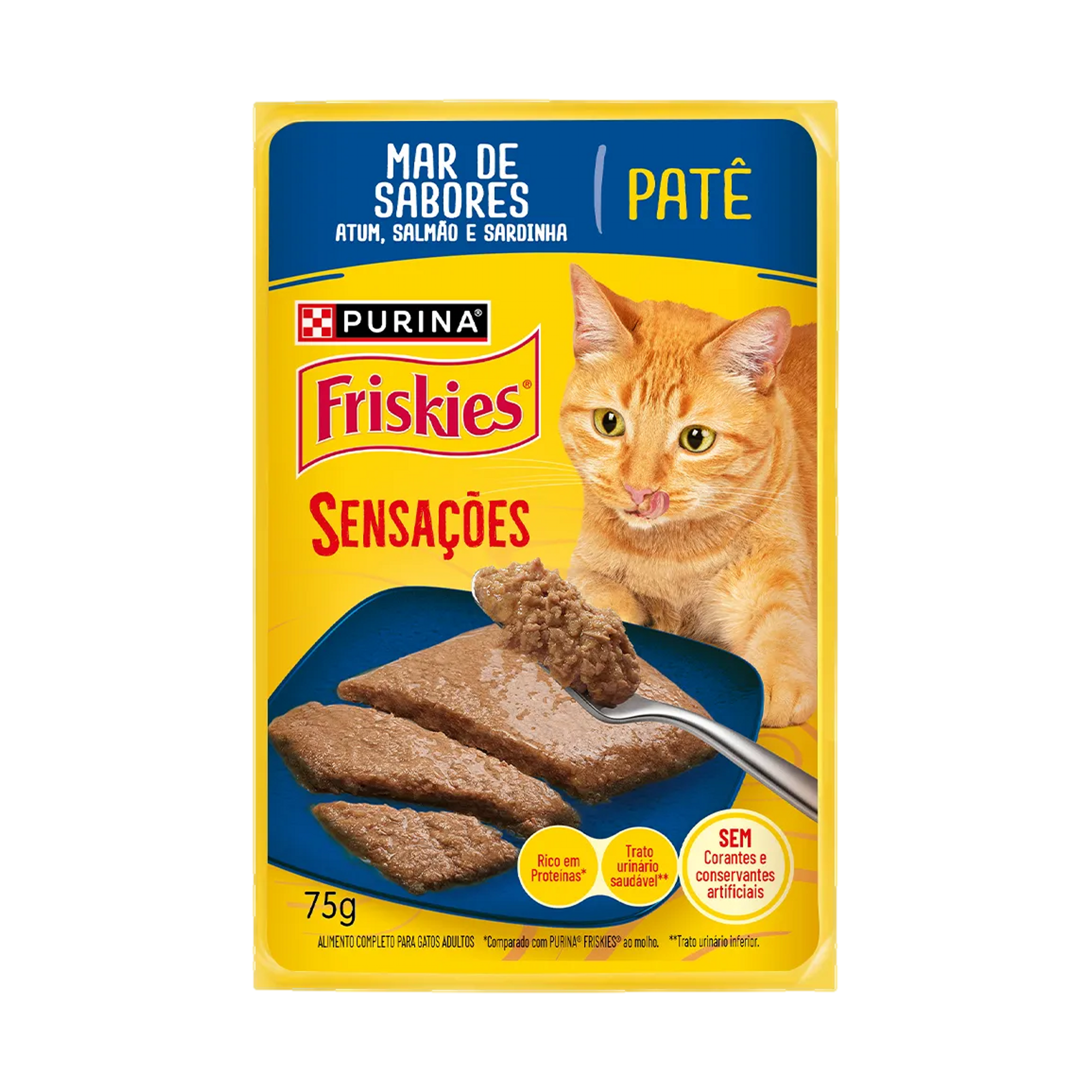 Embalagem de Ração Úmida PURINA FRISKIES® Patê Sensações para Gatos Adultos Mar de Sabores, vista frontal
