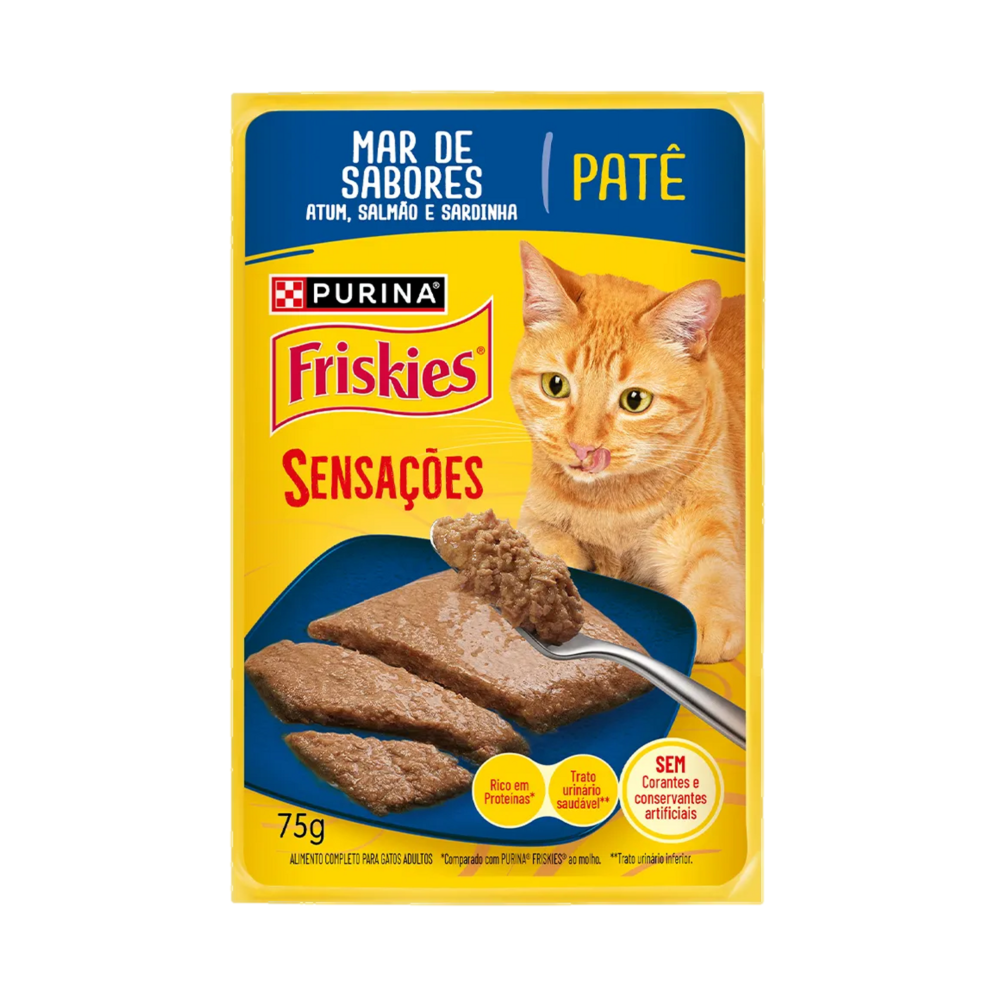 Embalagem de Ração Úmida PURINA FRISKIES® Patê Sensações para Gatos Adultos Mar de Sabores, vista frontal
