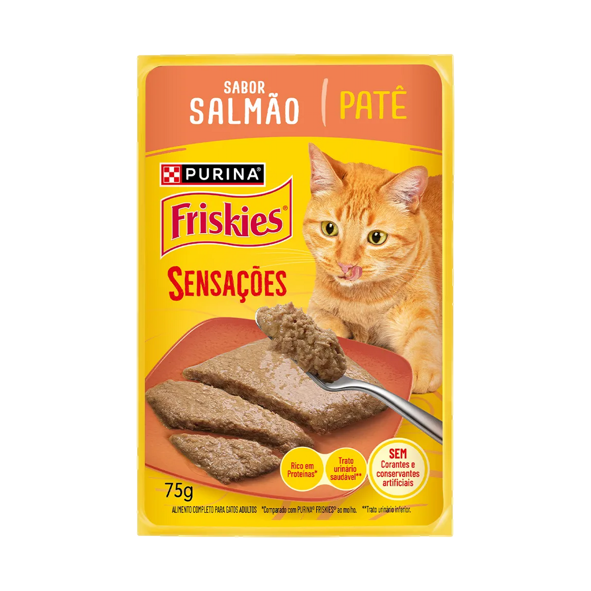 Embalagem de Ração Úmida PURINA FRISKIES® Patê Sensações para Gatos Adultos Salmão, vista frontal