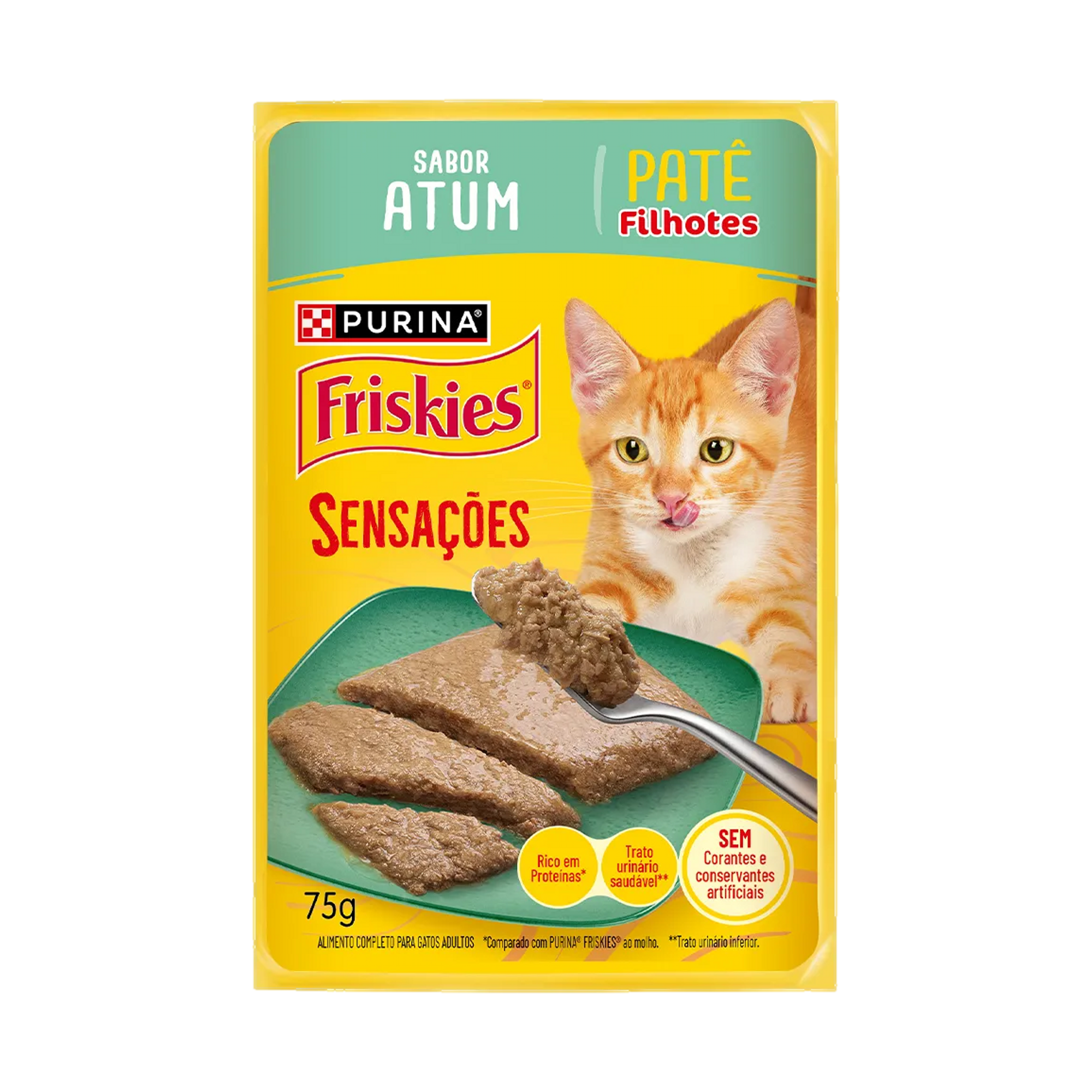 Embalagem de Ração Úmida PURINA FRISKIES® Patê Sensações para Gatos Filhotes Atum, vista frontal