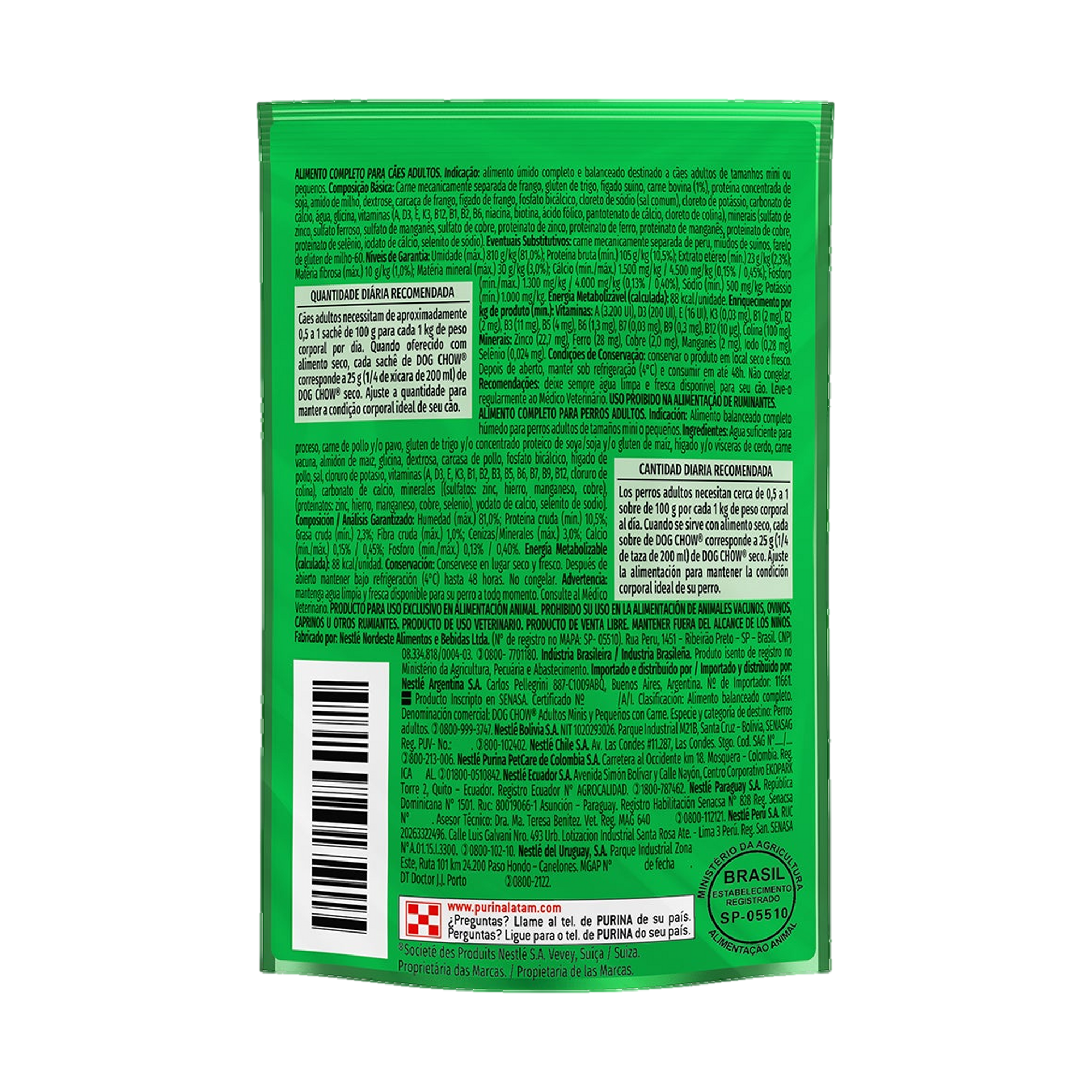 Embalagem de Sachê Dog Chow para Filhotes Mini e Pequenos com Carne e Arroz, vista traseira