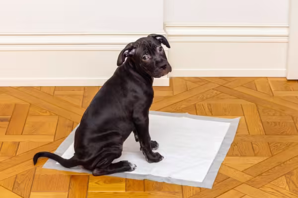 Filhote de Pitbull preto em cima de tapete higiênico