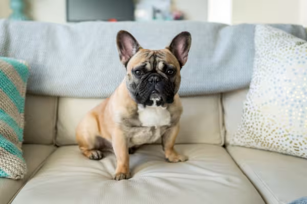 Buldogue Francês sentado no sofá de casa