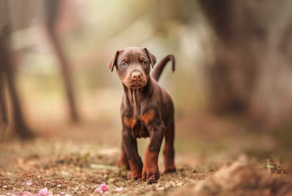 Doberman filhote andando no parque