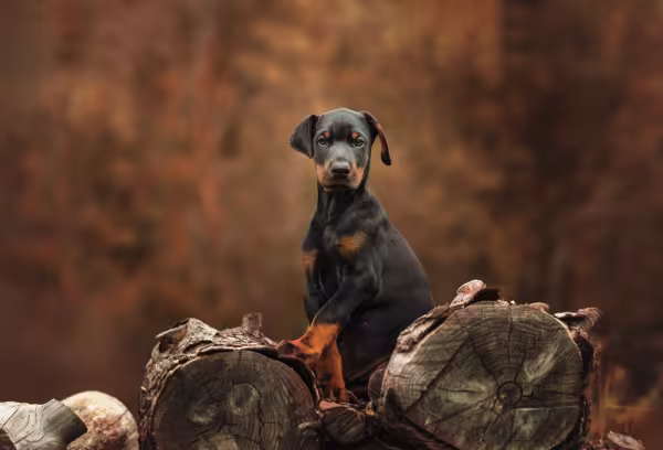 Doberman filhote entre pedras