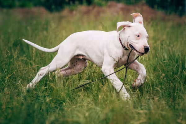 Dogo Argentino filhote pulando no parque