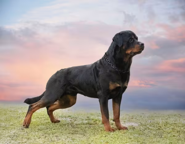 Rottweiler de pé olhando para o lado direito