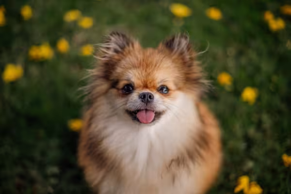 Lulu da Pomerânia olhando para cima com língua de fora