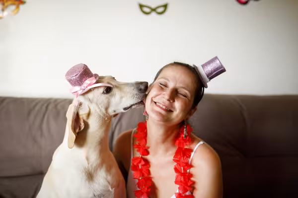 cachoror e tutora curtindo carnaval pet em casa