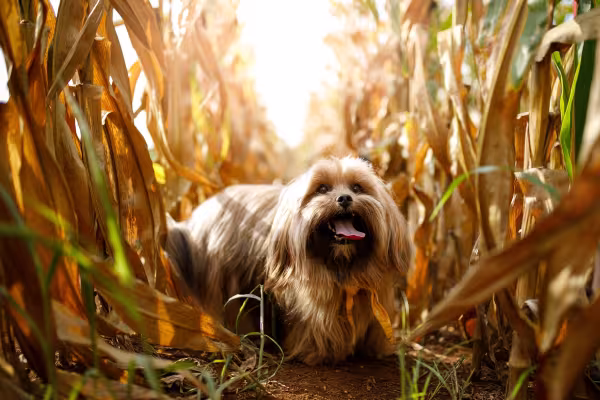 Lhasa Apso no meio de uma plantação