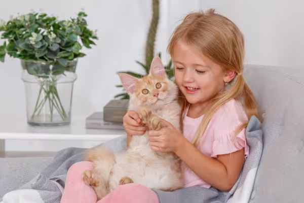 gato maine coon no colo de criança