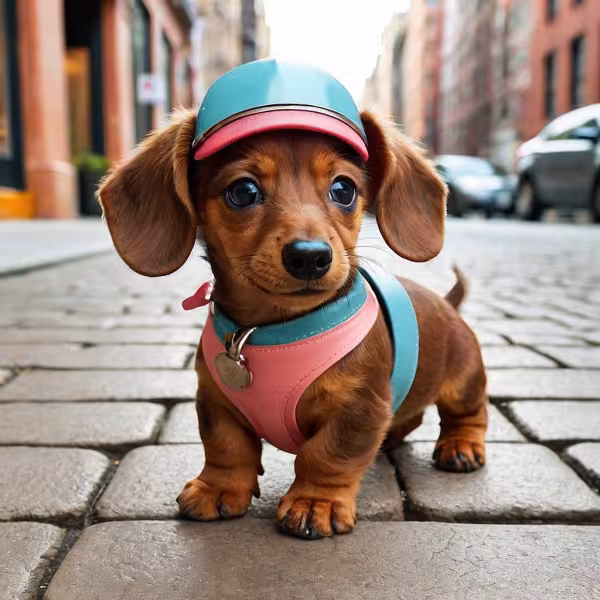 dachshund com roupinha rosa e azul