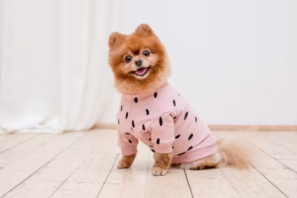 cachorro feliz com roupinha rosa