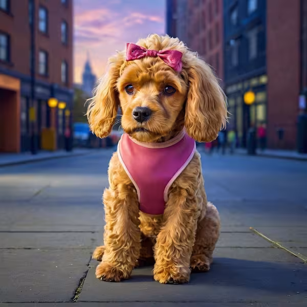 cockapoo com colete rosa